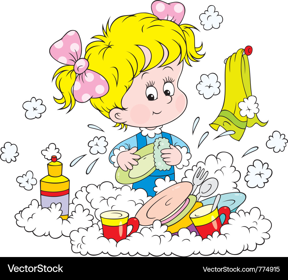 Girl Washing Dishes - Cute Child Cleaning Vector Image