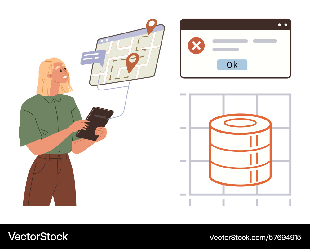 Woman using gps on tablet with data error window Woman using gps on tablet with data error window vector image
