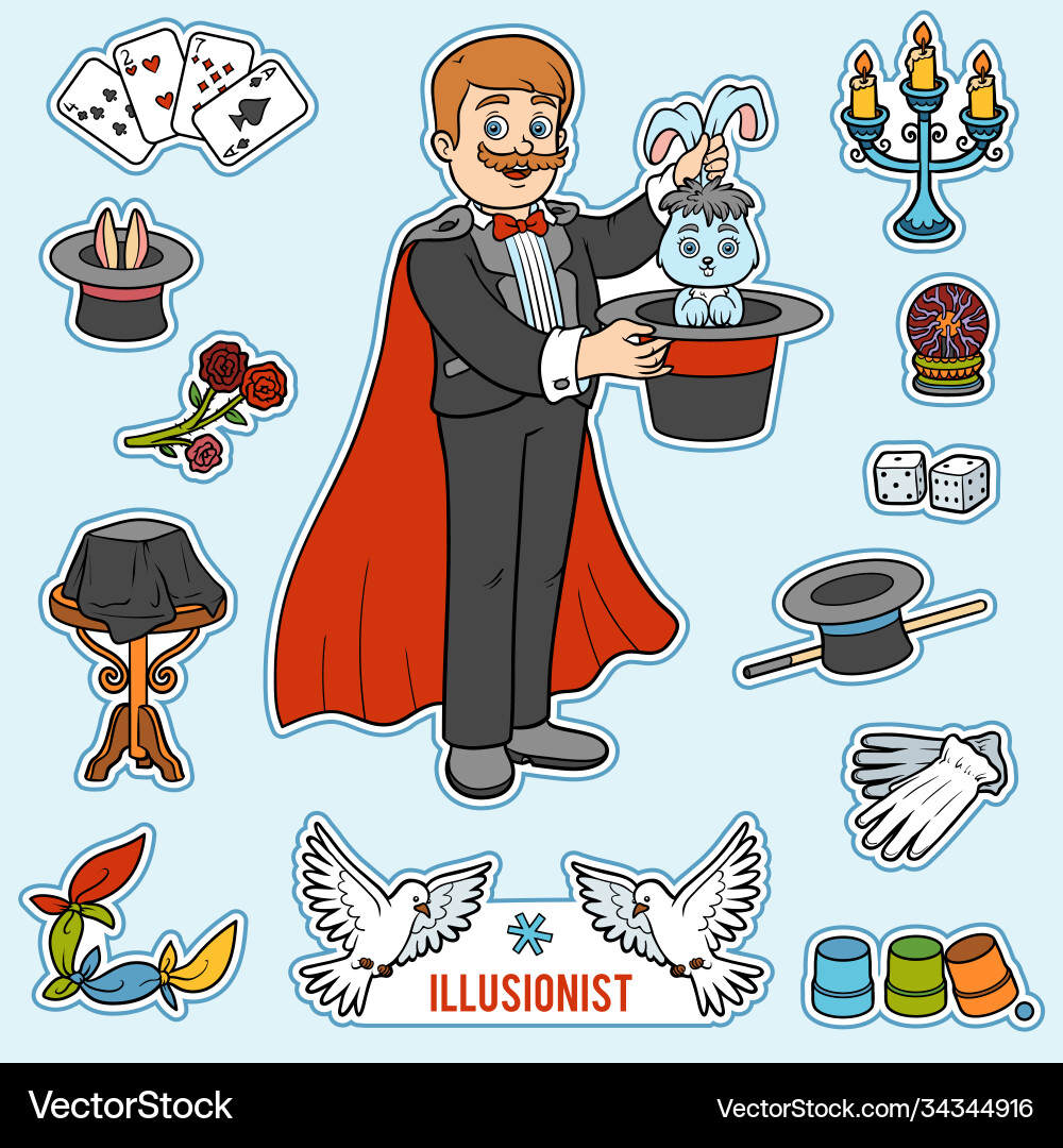 Set with magician and objects for magic tricks Vector Image