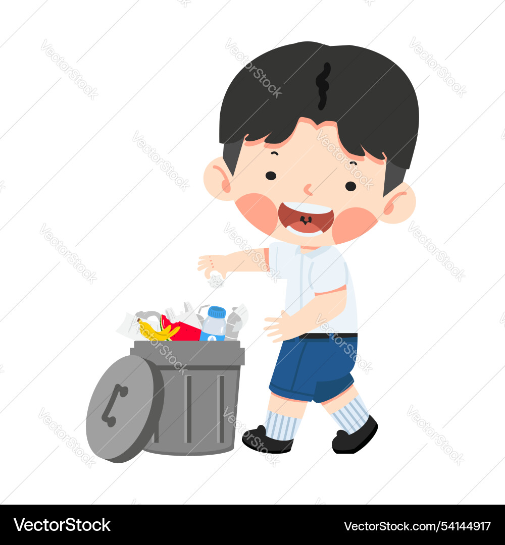 Boy throwing garbage into a trash can Boy throwing garbage into a trash can Vector Image