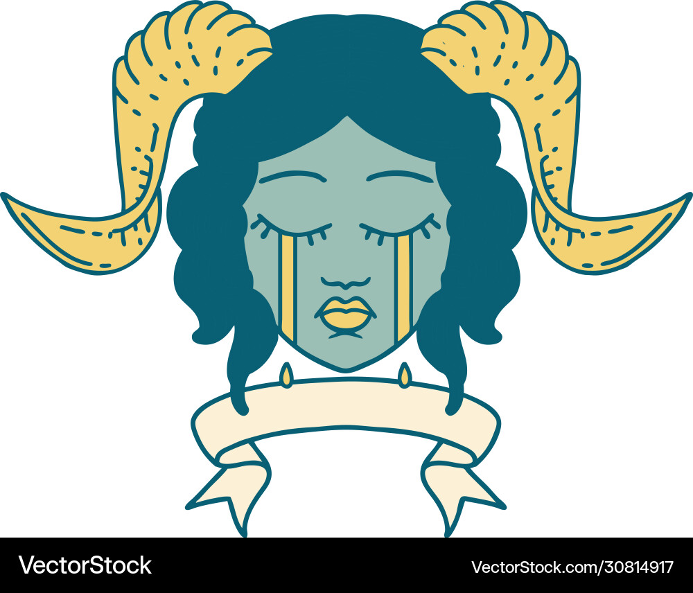 Crying tiefling character face with scroll banner Vector Image