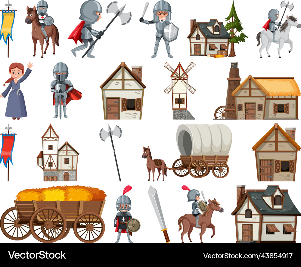 Medieval cartoon characters and objects vector image