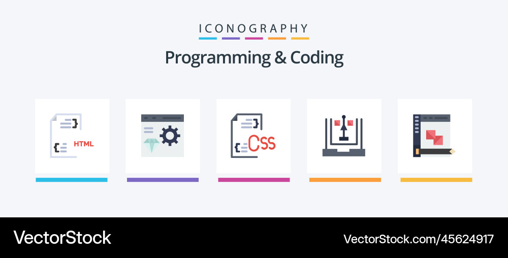 Programming and coding flat 5 icon pack including vector image