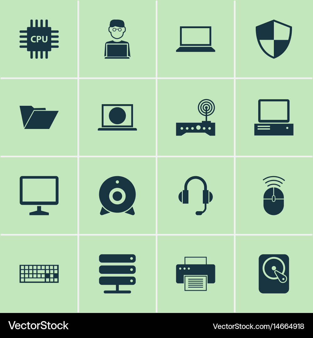 Laptop icons set collection of defense database vector image