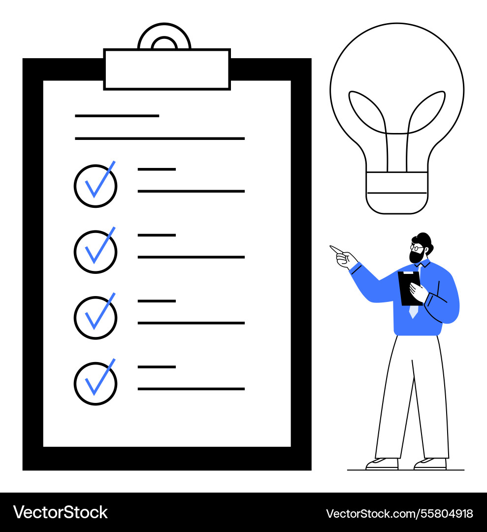 Man presenting checklist ideas with a light bulb Man presenting checklist ideas with a light bulb vector image