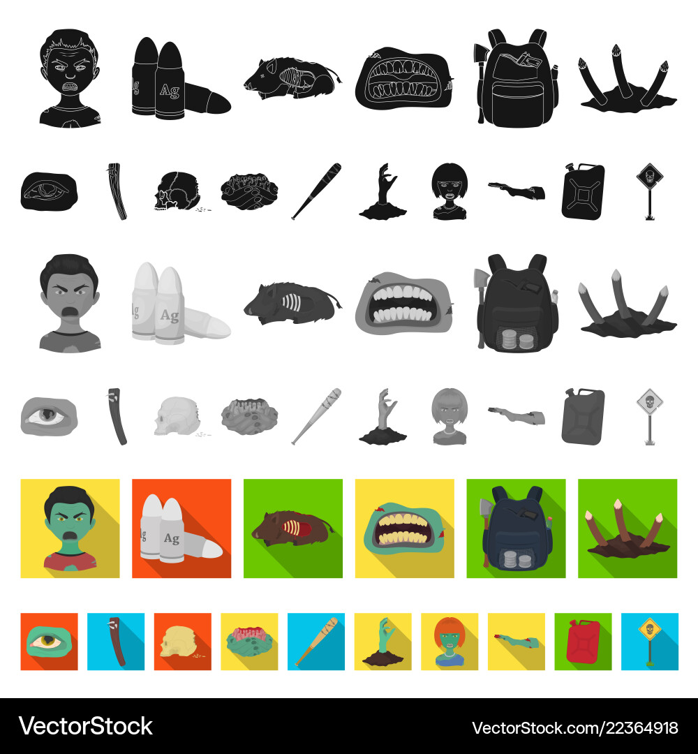 Zombies and attributes flat icons in set Zombies and attributes flat icons in set Vector Image