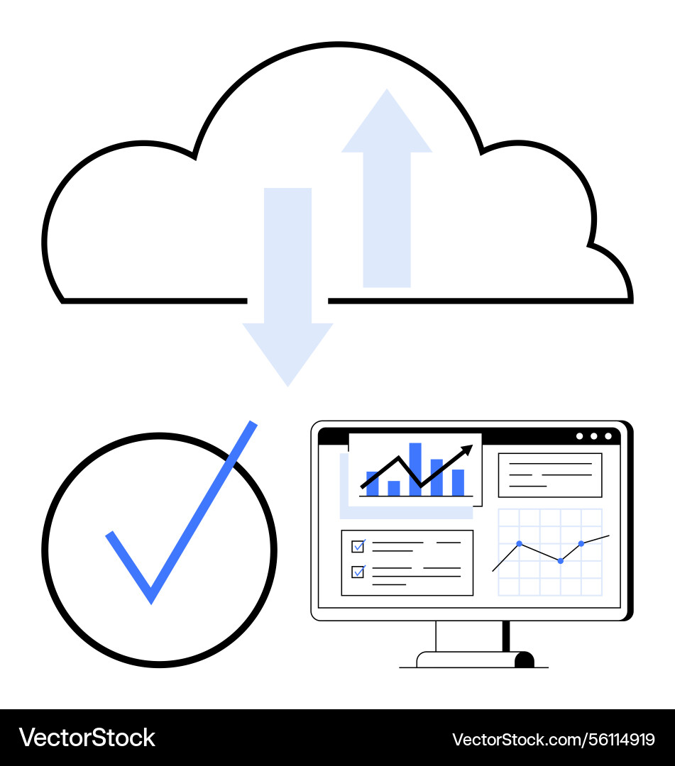 Cloud data sync and analytics displayed on monitor Cloud data sync and analytics displayed on monitor vector image