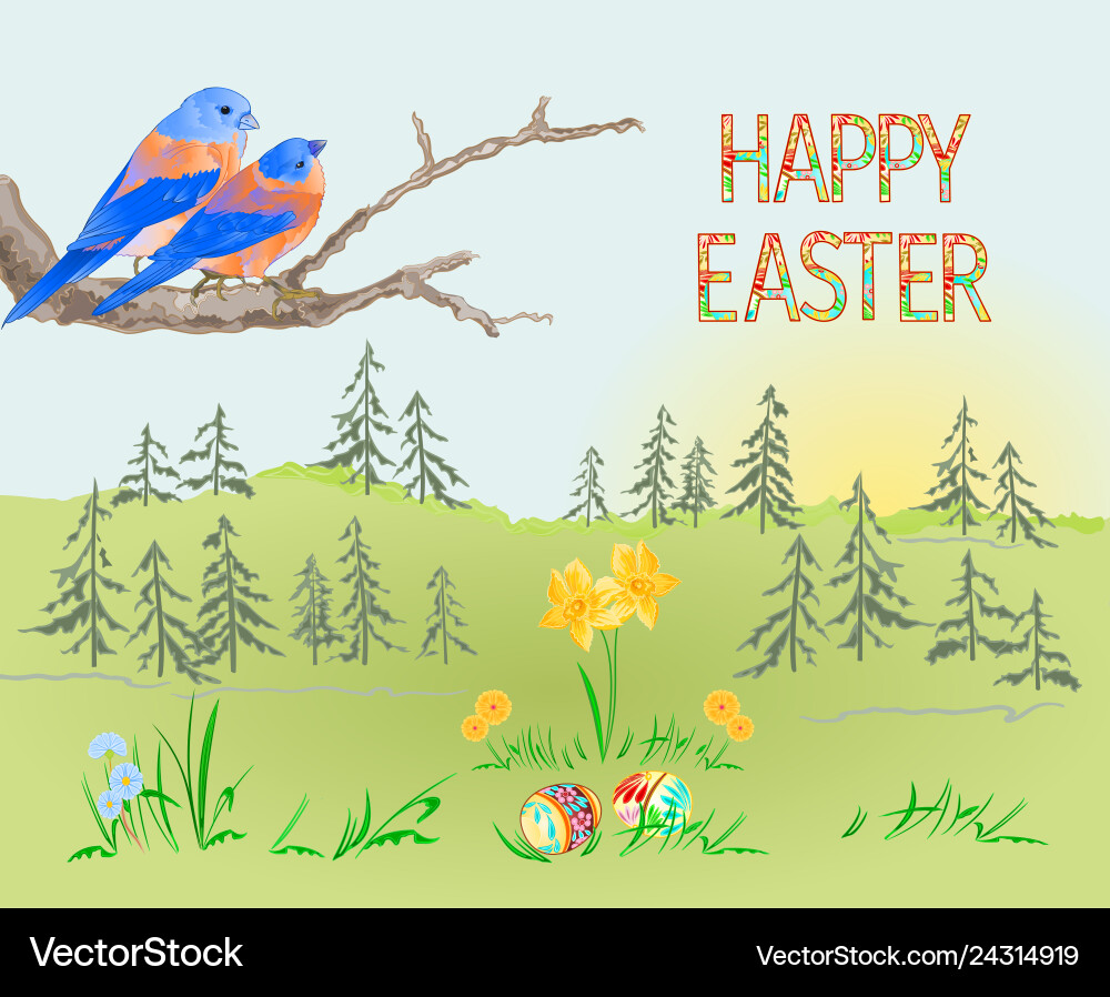 Easter spring landscape forest and birds Easter spring landscape forest and birds Vector Image