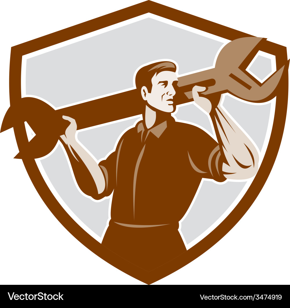 Mechanic lifting spanner wrench shield retro Vector Image