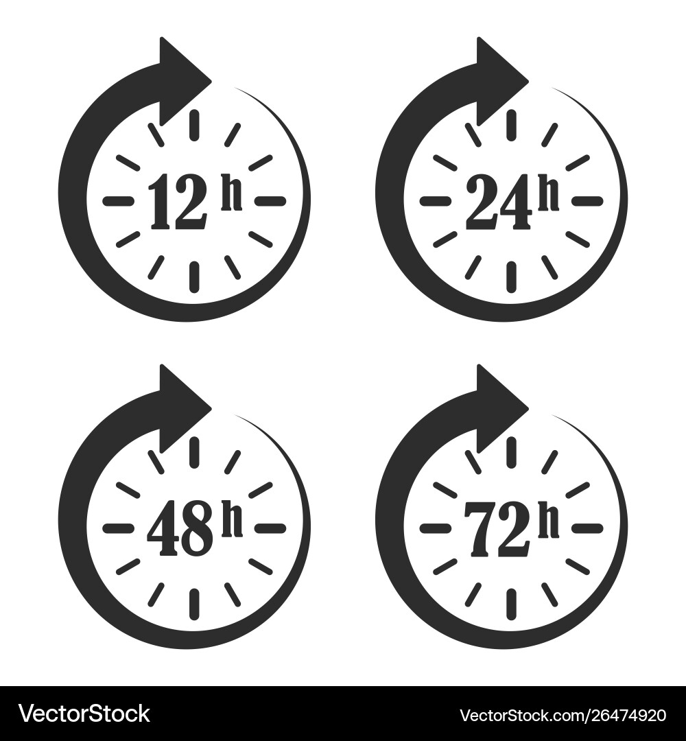 12 24 48 and 72 hours clock arrow work time 12 24 48 and 72 hours clock arrow work time Vector Image