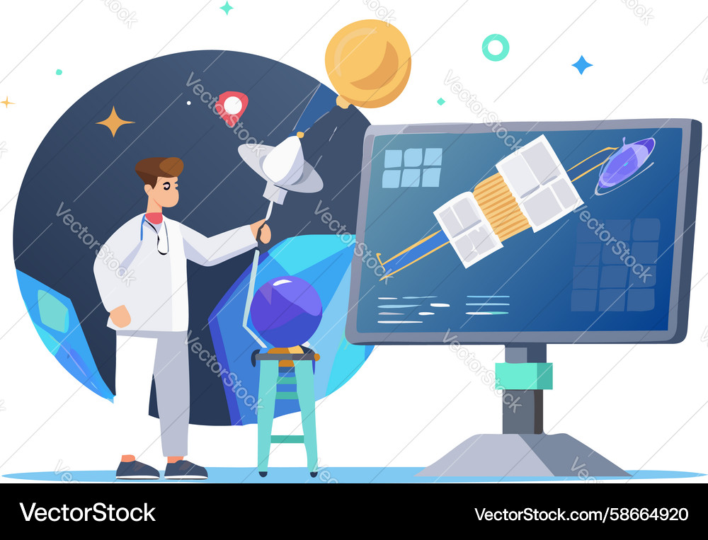 Engineer analyzing celestial data on a large Vector Image