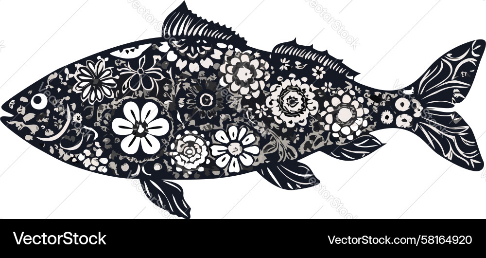 Floral Fish Pattern - Black & White Vector Image