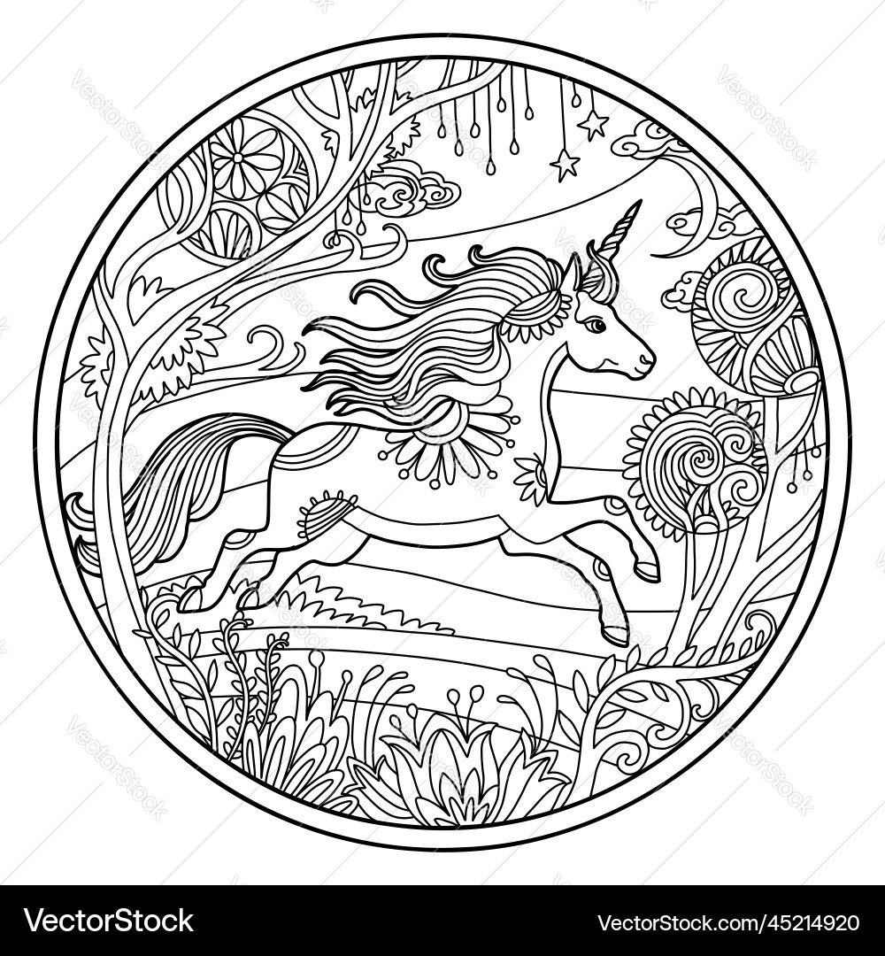 Running unicorn round coloring isolated vector image