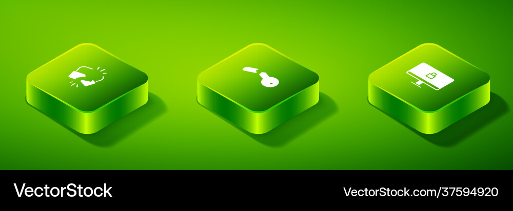 Set isometric broken key lock on computer monitor vector image