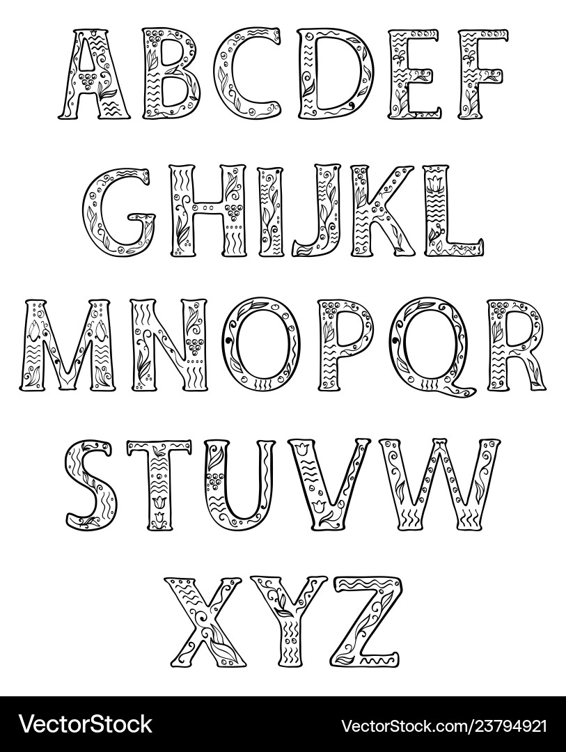 Floral Capital Alphabet - Black & White Vector Image