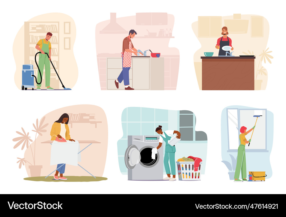 Set of characters doing daily household routines Set of characters doing daily household routines Vector Image