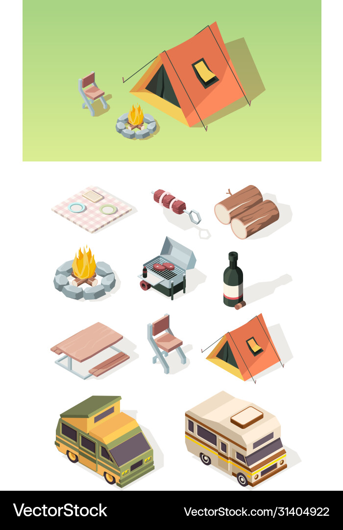 Barbecue isometric picnic table bbq steak camper Barbecue isometric picnic table bbq steak camper vector image