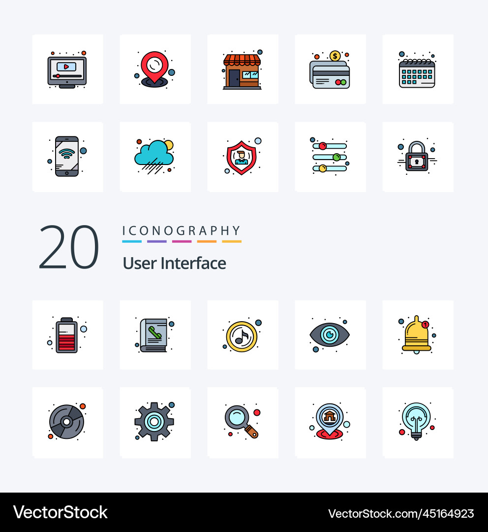 20 user interface line filled color icon pack vector image