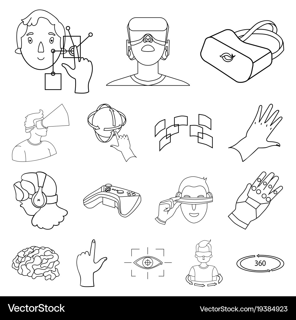A virtual reality outline icons in set collection vector image