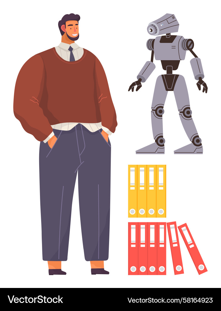 Man with Humanoid Robot - Tech & Innovation Vector Image