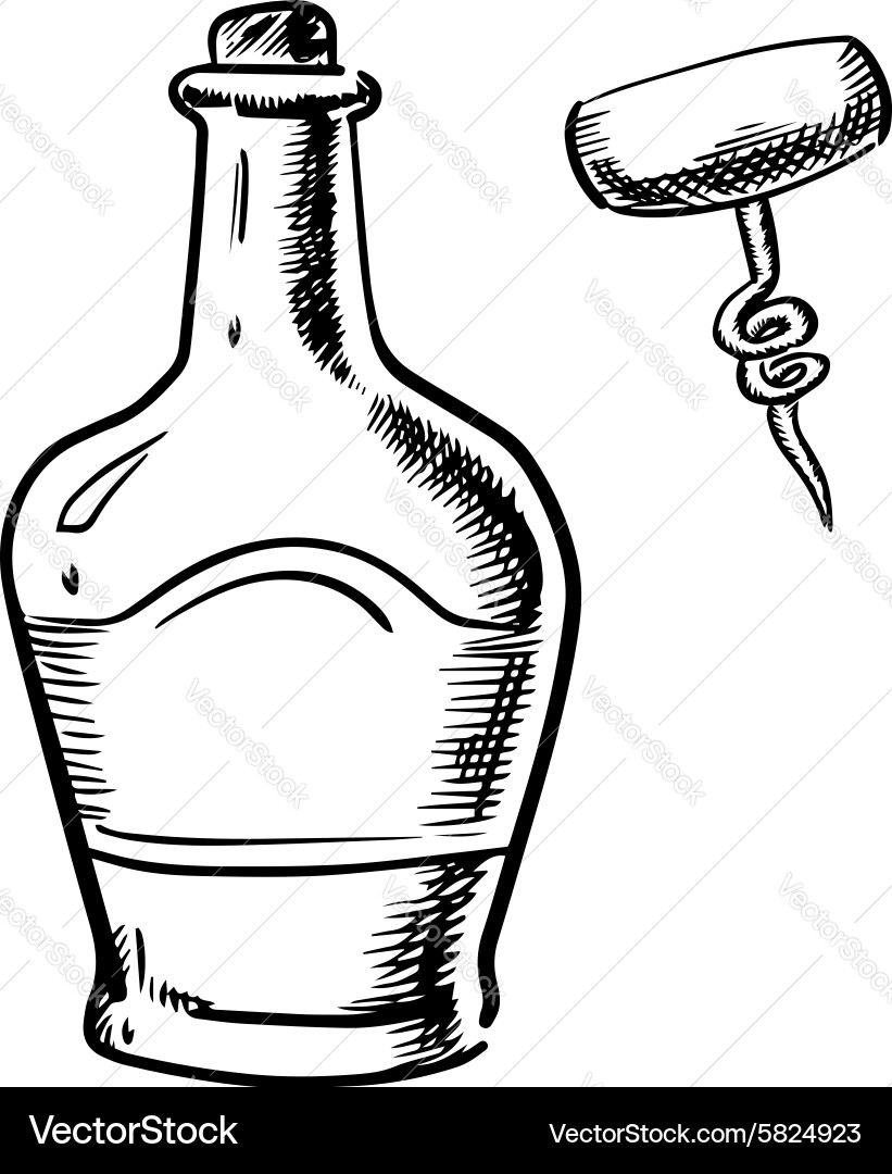 Sketch von Whisky mit Korkenschraube Vektorbild