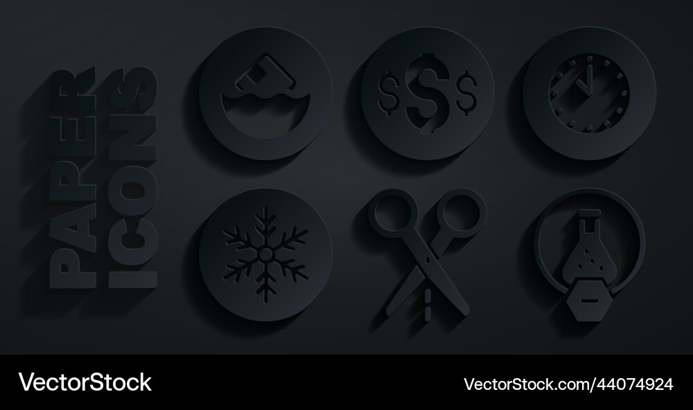 Set scissors with cut line clock snowflake test vector image