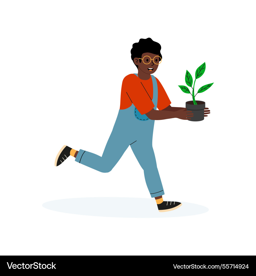 Smiling person in overalls running with a potted Vector Image