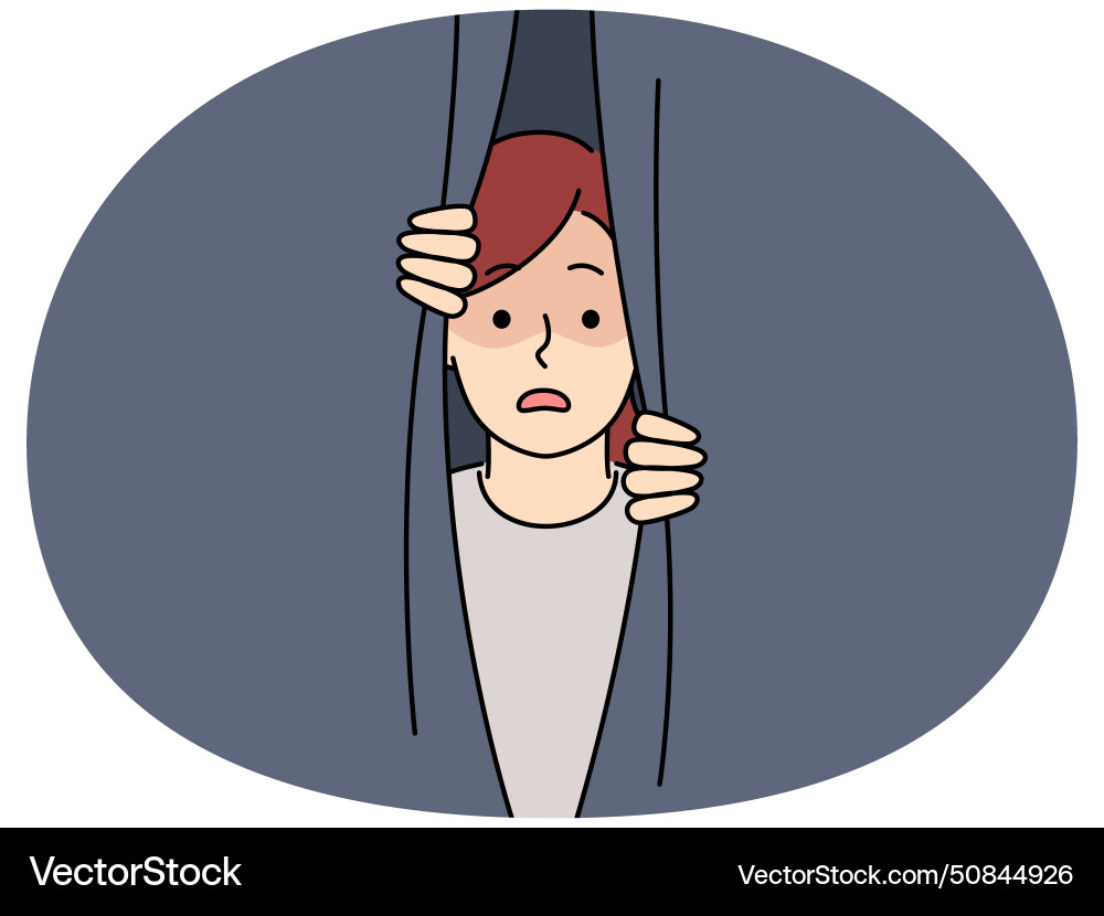 Scared girl peeping behind curtain Royalty Free Vector Image