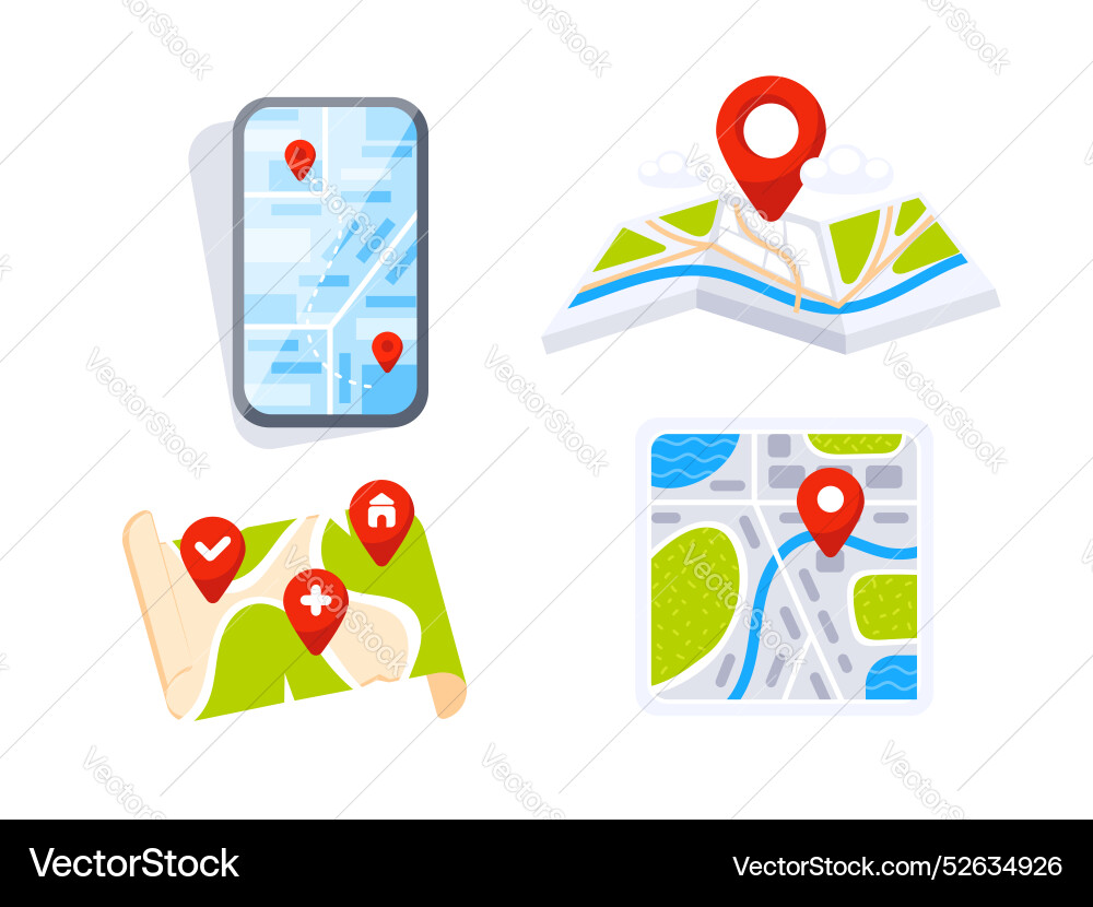 Set of location icons showing different map styles Set of location icons showing different map styles vector image