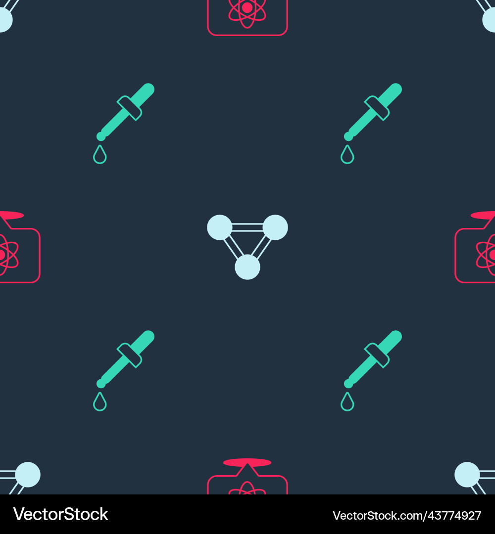 Set atom molecule and pipette on seamless pattern Set atom molecule and pipette on seamless pattern vector image
