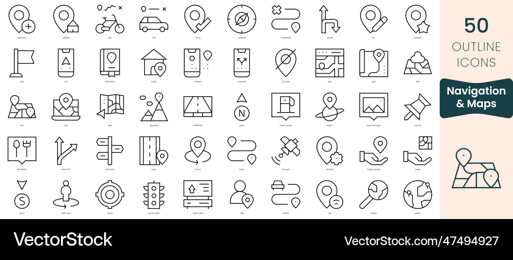 Set of navigation and maps icons thin linear Set of navigation and maps icons thin linear Vector Image