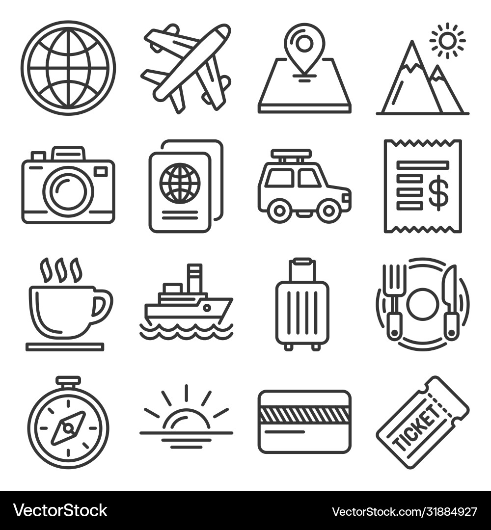 Travel icons set on white background line style vector image