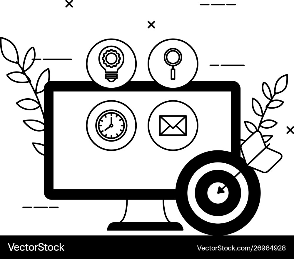 Desktop computer with set icons and target Desktop computer with set icons and target vector image