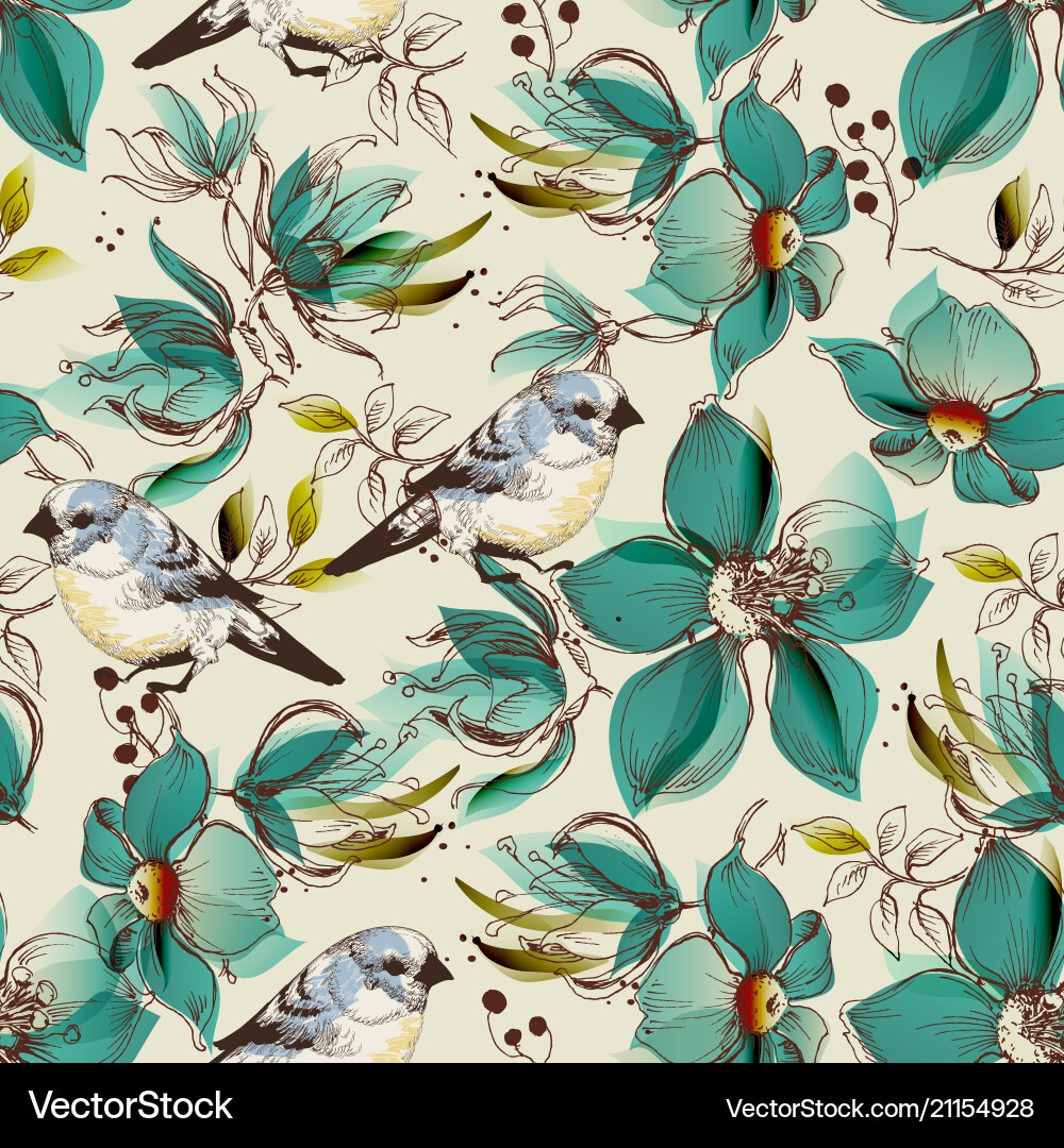 Retro seamless pattern cute flowers and birds vector image