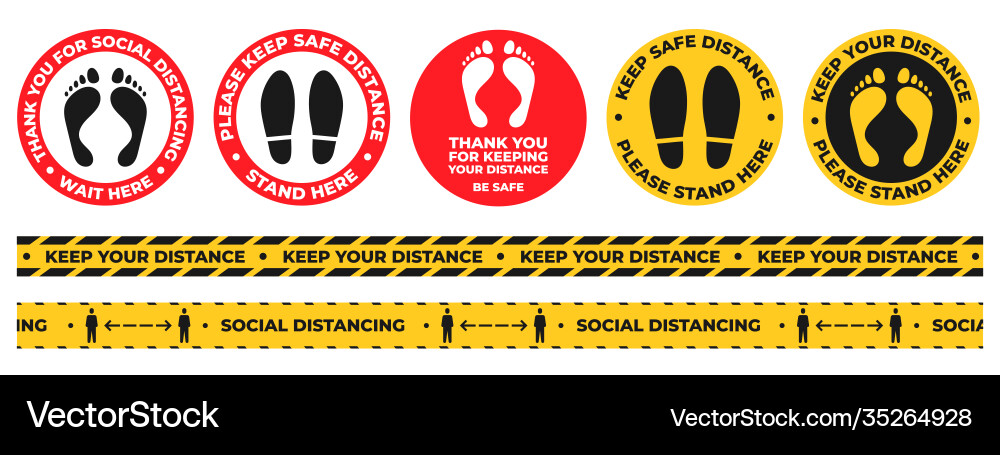 Social distance floor stickers round wait here Social distance floor stickers round wait here vector image