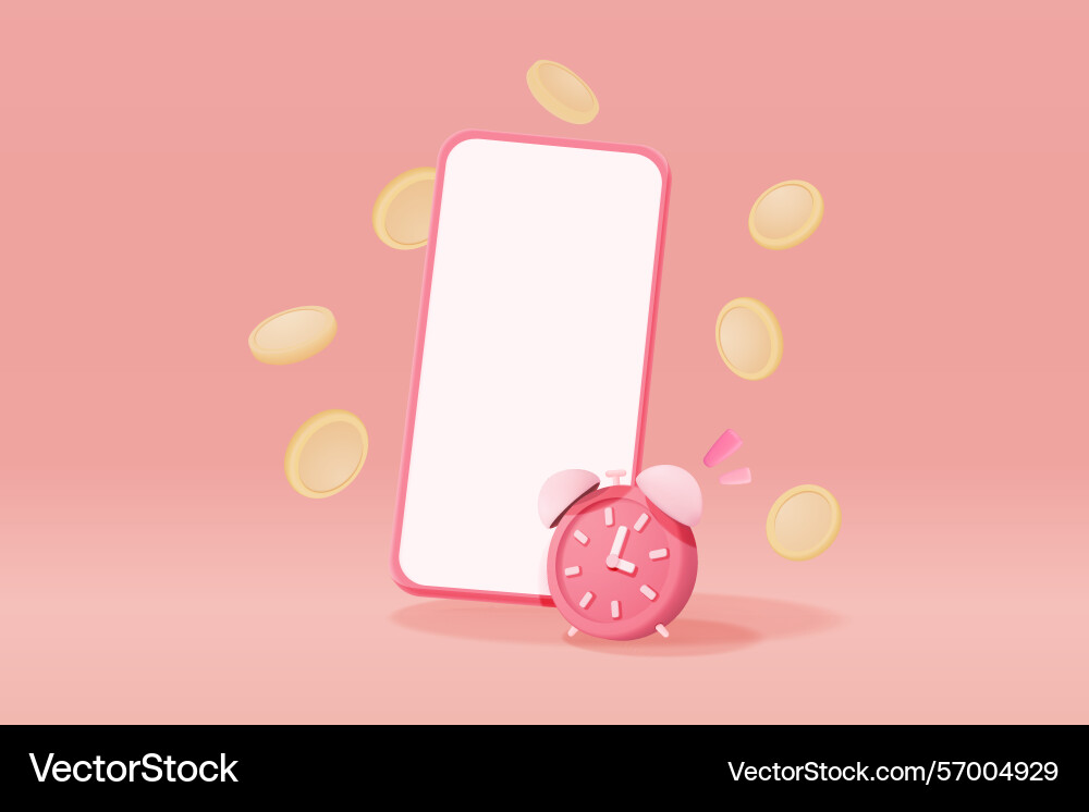 3d mobile phone with alarm clock and coin saving 3d mobile phone with alarm clock and coin saving vector image