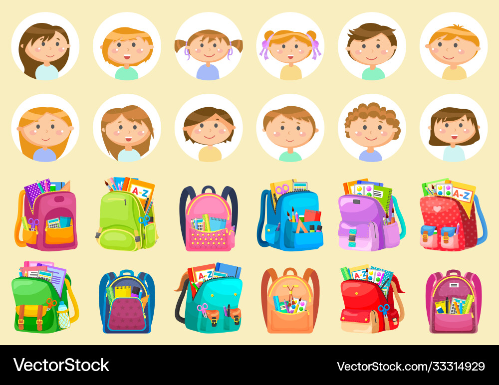 Smiling Pupils Backpack Set Vector Image