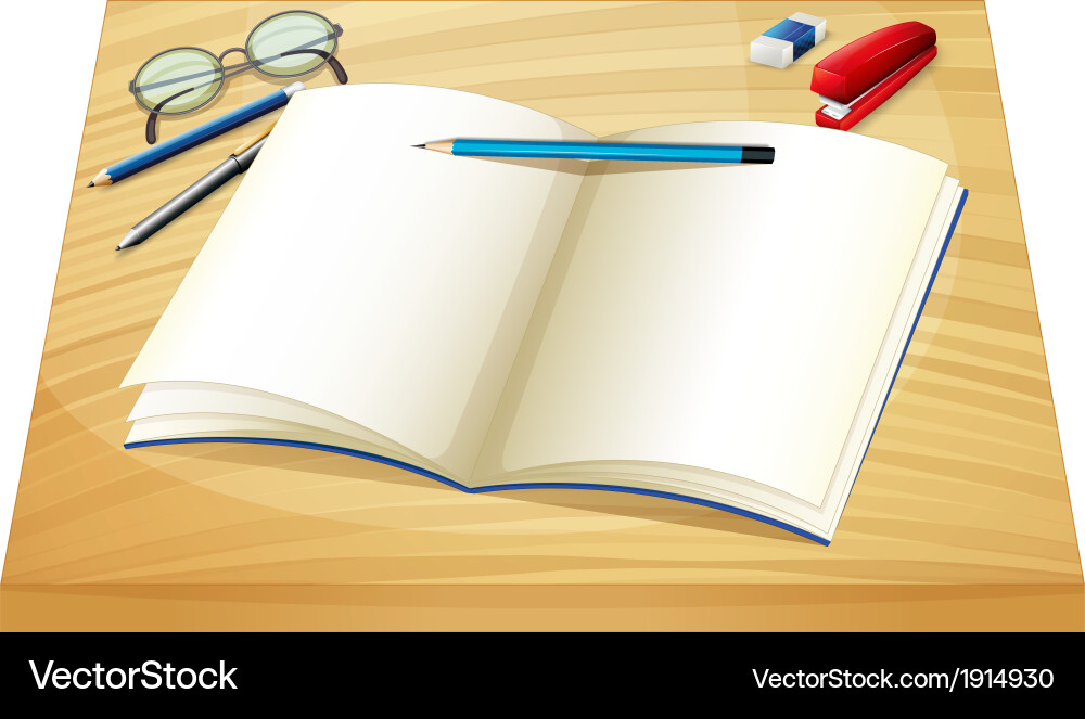 An empty notebook above the wooden table vector image