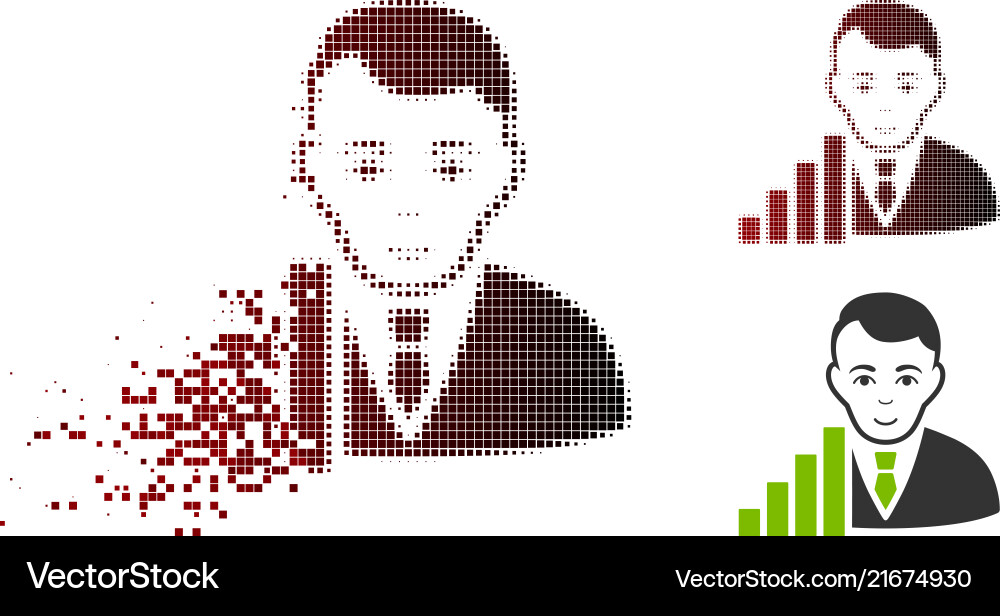 Fragmented dot halftone stock trader icon Fragmented dot halftone stock trader icon vector image