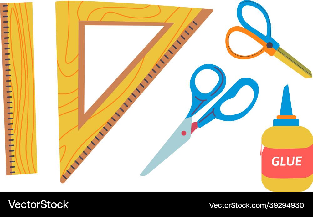 Geometric ruler and scissors with glue in bottle Geometric ruler and scissors with glue in bottle vector image