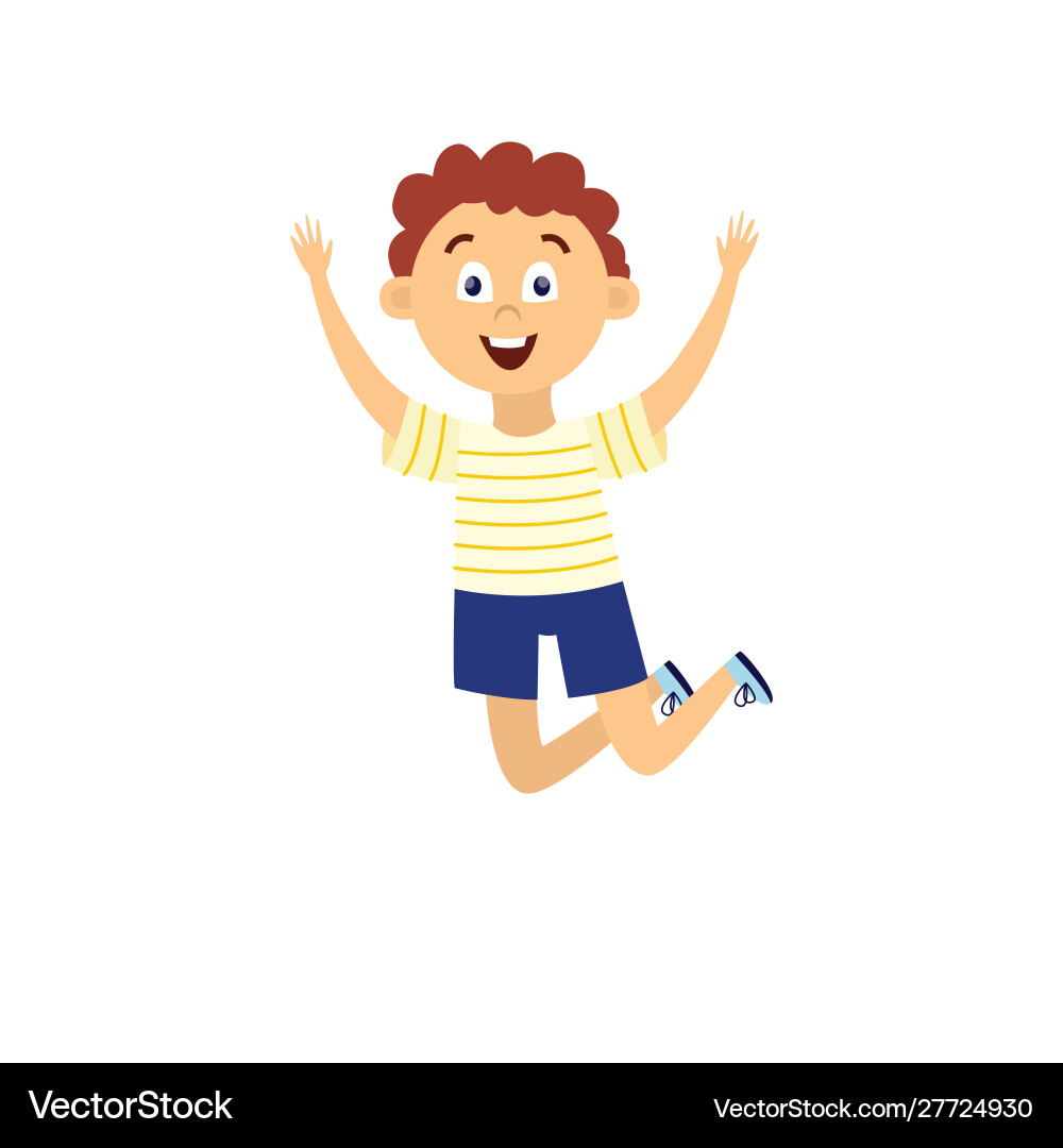 Happy cartoon boy jumping high in air with raised