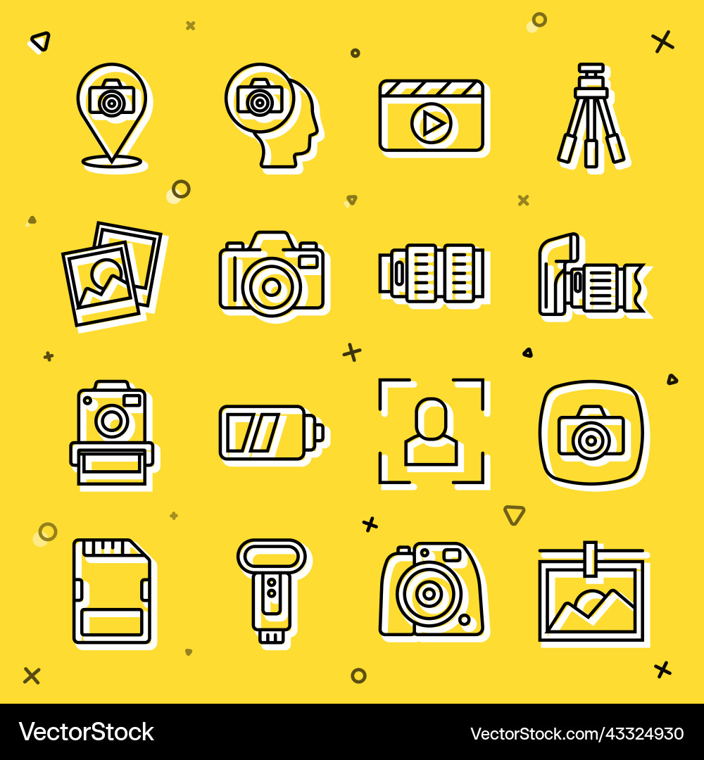 Set line photo frame camera movie clapper Vector Image