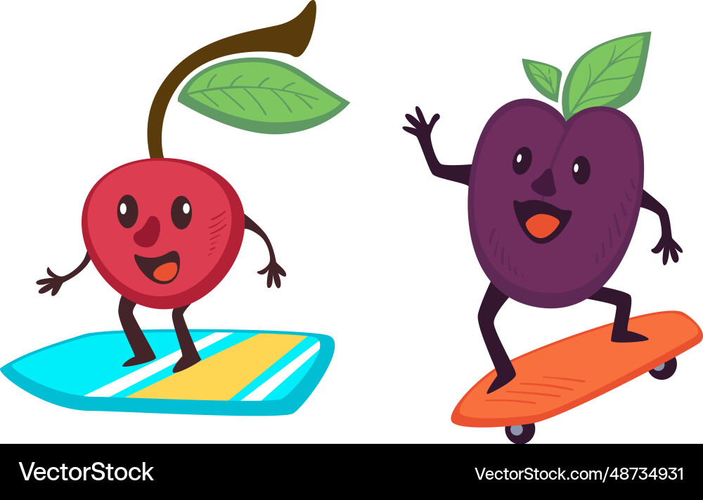 Sportliche und aktive Obstfiguren auf Skateboard Sportliche und aktive Obstfiguren auf Skateboard vektorbild