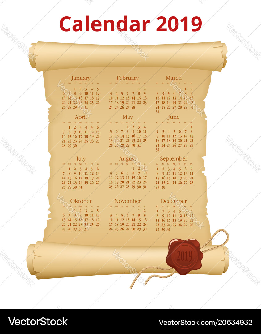 2019 calendar on scroll print template 2019 calendar on scroll print template vector image