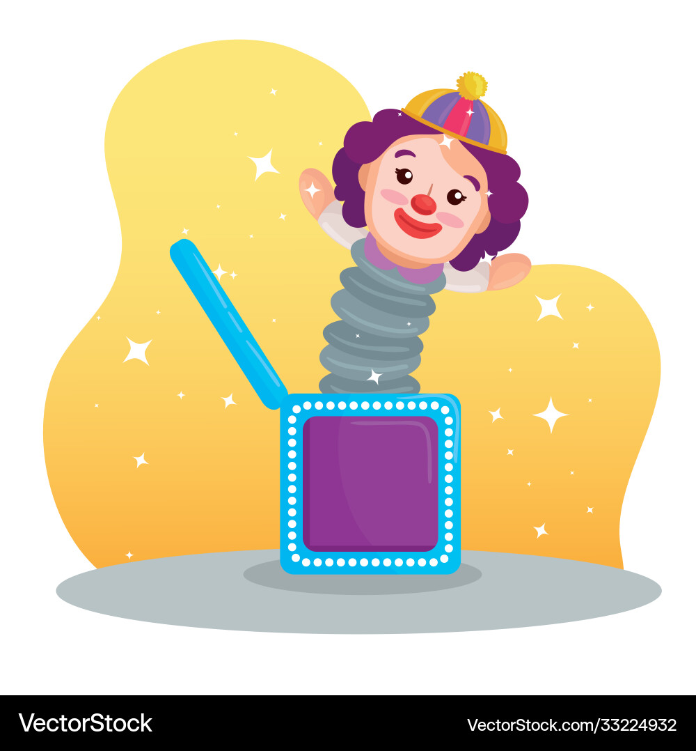 Clown toy in box with stars on background Vector Image