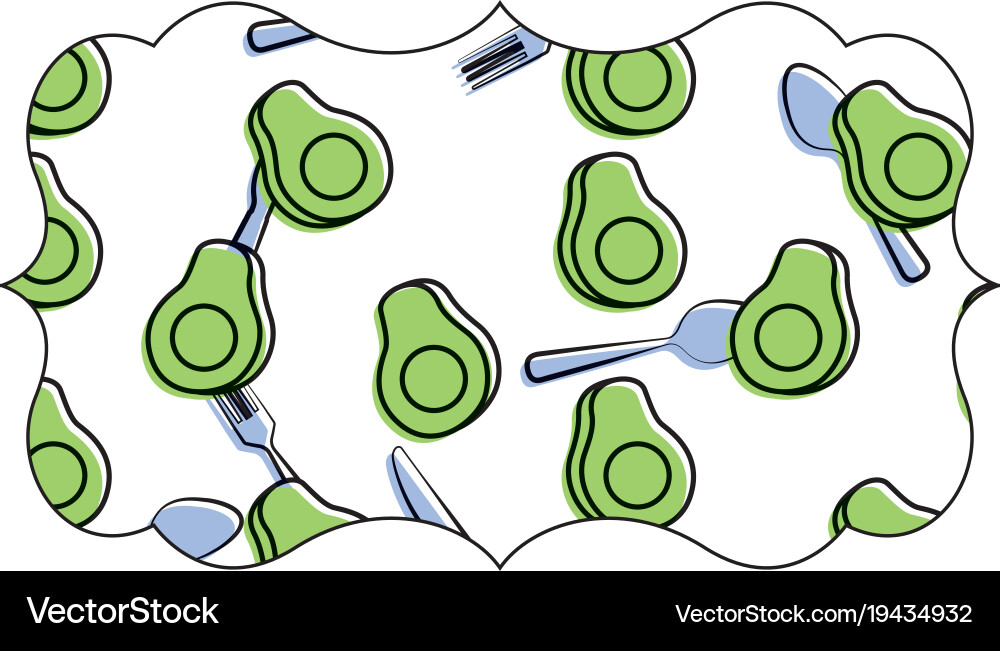 Frame with avocado and cutlery pattern background Vector Image