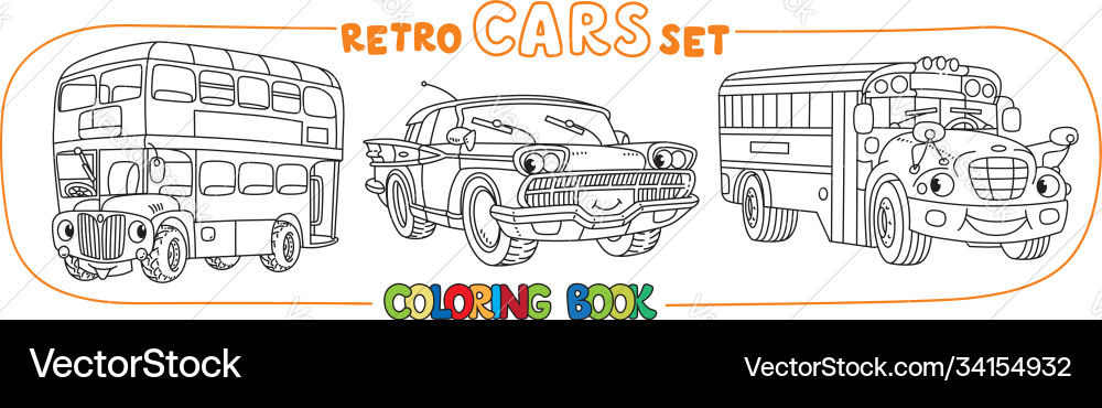 Funny small retro cars with eyes coloring book set Funny small retro cars with eyes coloring book set vector image