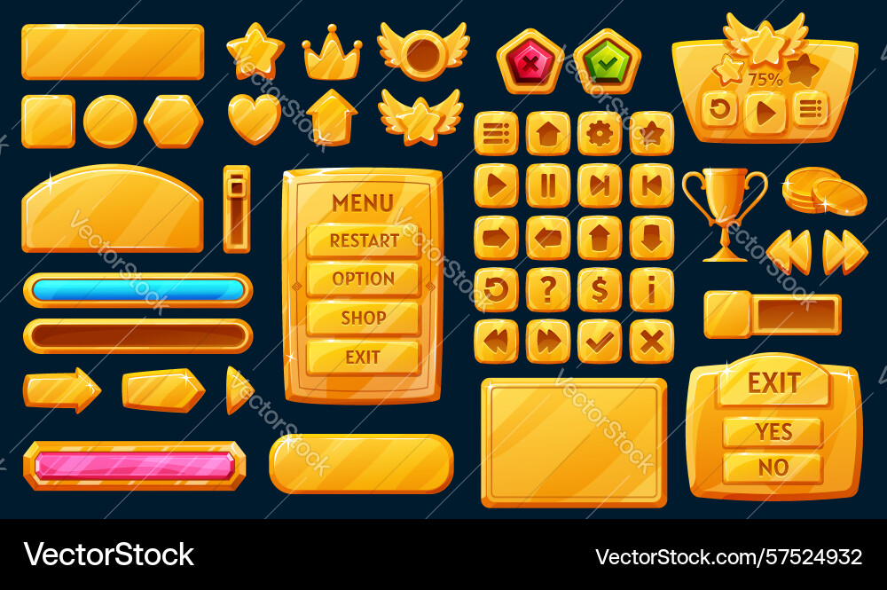 Golden interface game buttons ui gui elements Golden interface game buttons ui gui elements vector image