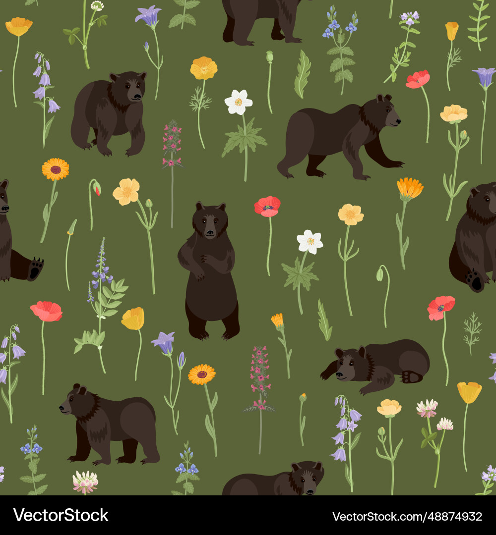 Seamless pattern with bears and flowers Seamless pattern with bears and flowers vector image