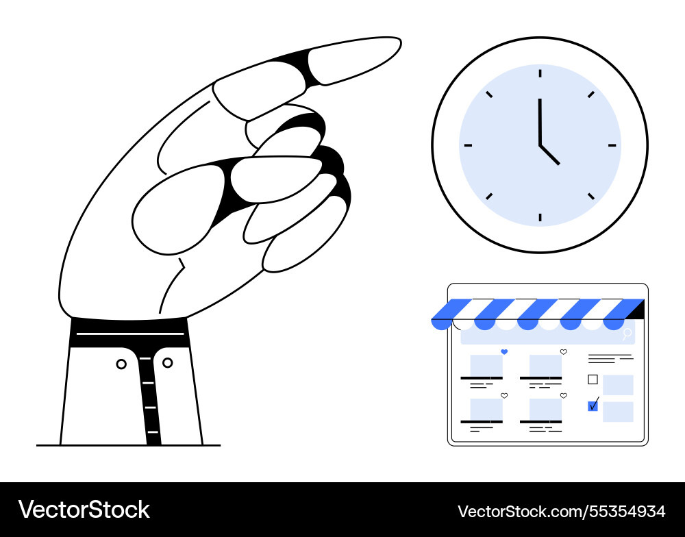 Hand pointing at clock and online storefront Vector Image